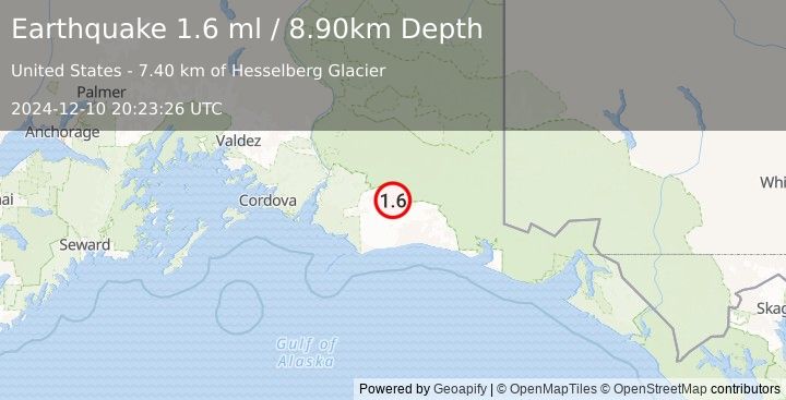 Earthquake 100 km S of McCarthy, Alaska (1.6 ml) (2024-12-10 20:23:26 UTC)