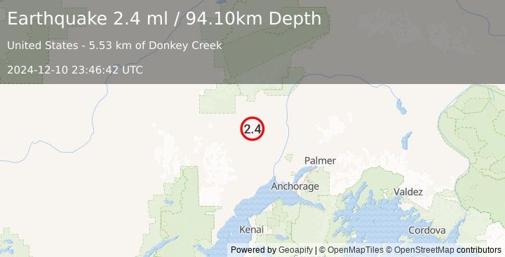 Earthquake 12 km NE of Skwentna, Alaska (2.4 ml) (2024-12-10 23:46:42 UTC)