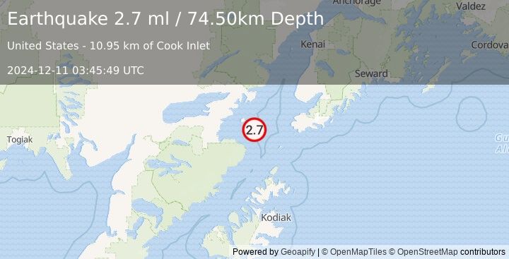 Earthquake 67 km WSW of Nanwalek, Alaska (2.7 ml) (2024-12-11 03:45:49 UTC)