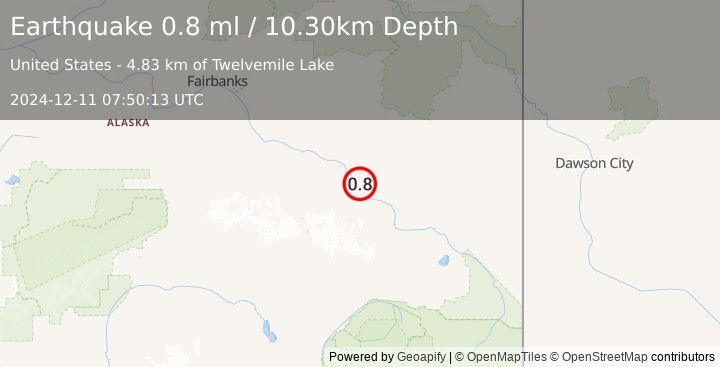 Earthquake 15 km SSE of Healy Lake, Alaska (0.8 ml) (2024-12-11 07:50:13 UTC)