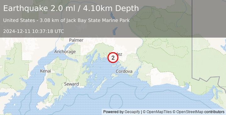 Earthquake 16 km SW of Valdez, Alaska (2.0 ml) (2024-12-11 10:37:18 UTC)