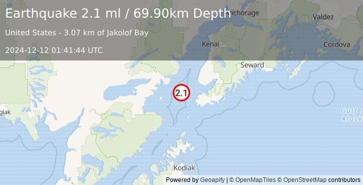 Earthquake 37 km WNW of Nanwalek, Alaska (2.1 ml) (2024-12-12 01:41:44 UTC)