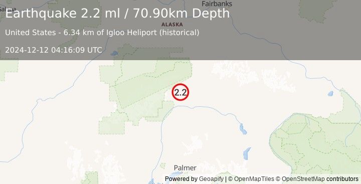 Earthquake 33 km SSW of Cantwell, Alaska (2.2 ml) (2024-12-12 04:16:09 UTC)