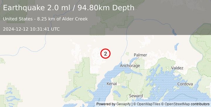 Earthquake 41 km SSW of Skwentna, Alaska (2.0 ml) (2024-12-12 10:31:41 UTC)