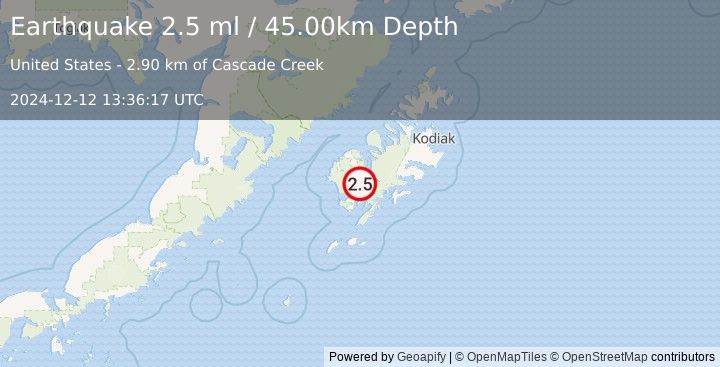 Earthquake 31 km S of Larsen Bay, Alaska (2.5 ml) (2024-12-12 13:36:17 UTC)