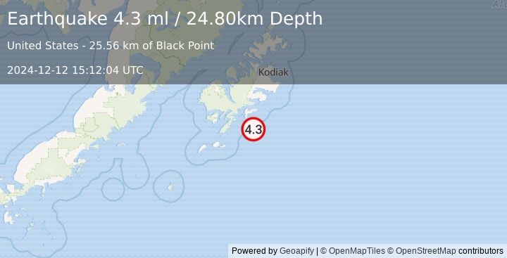 Earthquake 45 km SSE of Old Harbor, Alaska (4.3 ml) (2024-12-12 15:12:04 UTC)