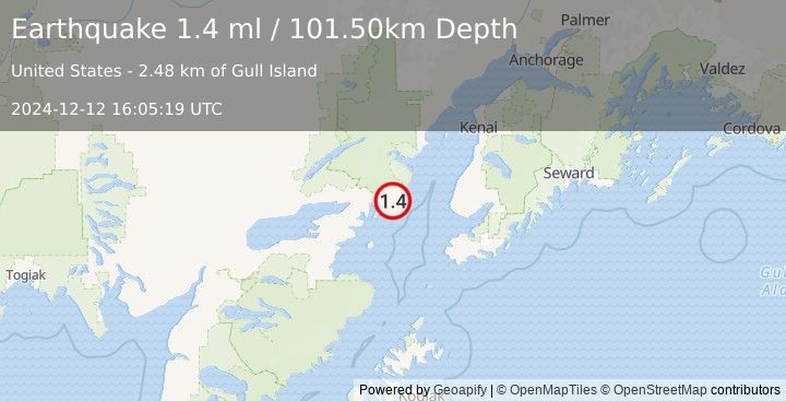 Earthquake 63 km E of Pedro Bay, Alaska (1.4 ml) (2024-12-12 16:05:19 UTC)