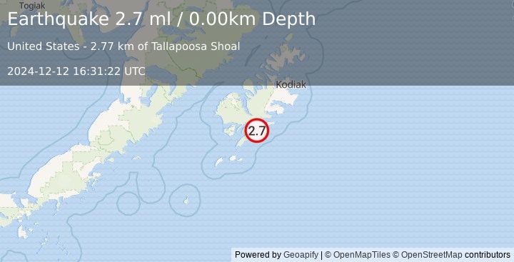 Earthquake 22 km SSW of Old Harbor, Alaska (2.7 ml) (2024-12-12 16:31:22 UTC)