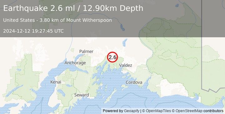 Earthquake 49 km SSE of Glacier View, Alaska (2.6 ml) (2024-12-12 19:27:45 UTC)