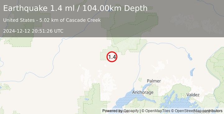 Earthquake 56 km NW of Skwentna, Alaska (1.4 ml) (2024-12-12 20:51:26 UTC)