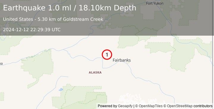 Earthquake 30 km ESE of Minto, Alaska (1.0 ml) (2024-12-12 22:29:39 UTC)