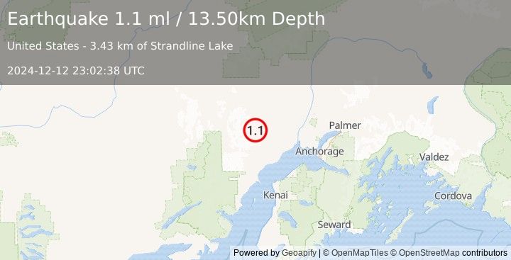 Earthquake 57 km SSW of Skwentna, Alaska (1.1 ml) (2024-12-12 23:02:38 UTC)