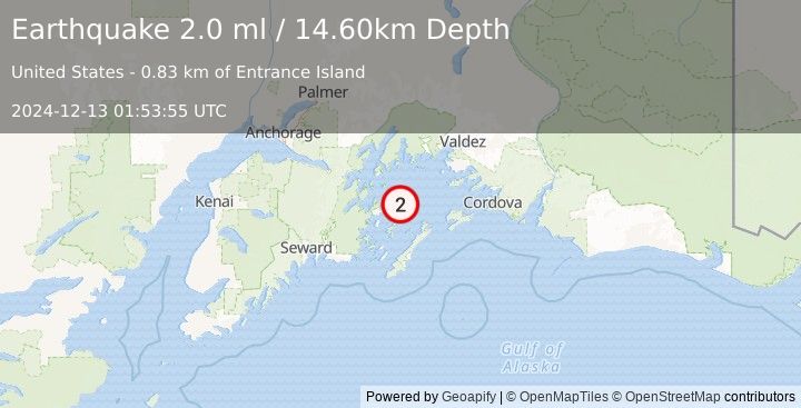 Earthquake 56 km NNE of Chenega, Alaska (2.0 ml) (2024-12-13 01:53:55 UTC)