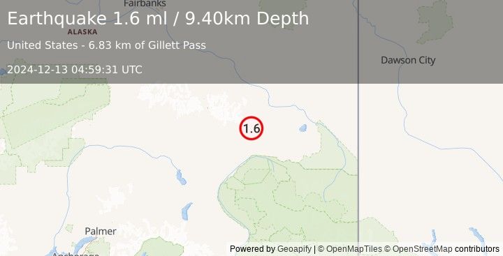 Earthquake 36 km NW of Mentasta Lake, Alaska (1.6 ml) (2024-12-13 04:59:31 UTC)