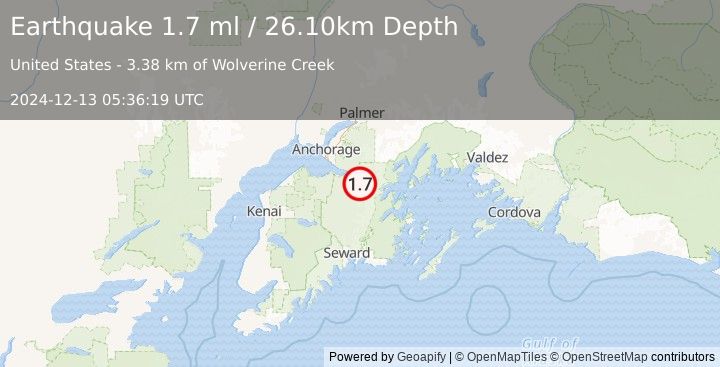 Earthquake 10 km S of Girdwood, Alaska (1.7 ml) (2024-12-13 05:36:19 UTC)