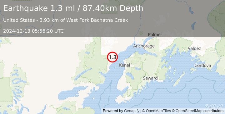 Earthquake 47 km WNW of Nikiski, Alaska (1.3 ml) (2024-12-13 05:56:20 UTC)