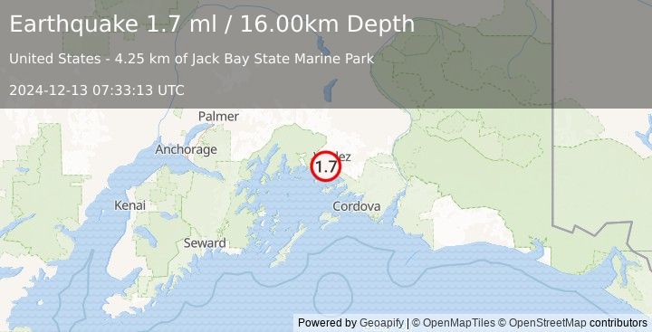 Earthquake 15 km SSW of Valdez, Alaska (1.7 ml) (2024-12-13 07:33:13 UTC)