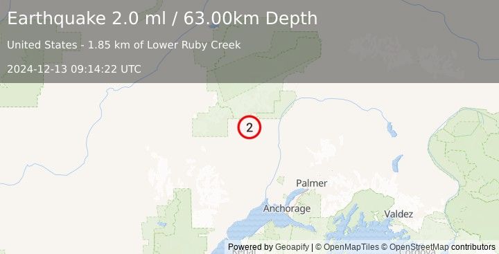 Earthquake 17 km WSW of Petersville, Alaska (2.0 ml) (2024-12-13 09:14:22 UTC)