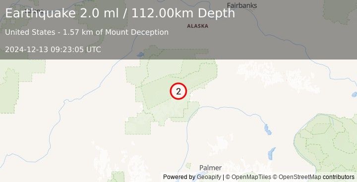 Earthquake 72 km SE of Denali National Park, Alaska (2.0 ml) (2024-12-13 09:23:05 UTC)