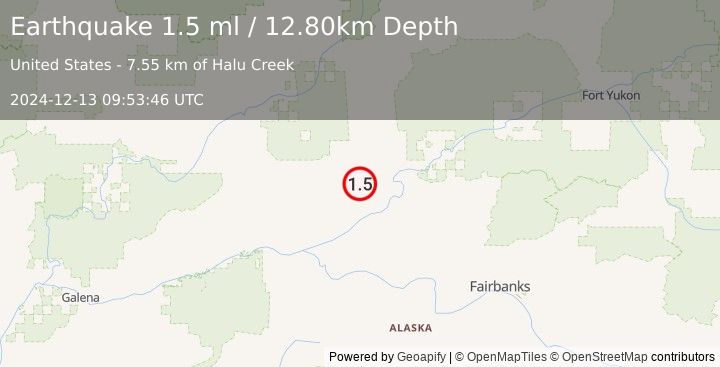 Earthquake 41 km NW of Rampart, Alaska (1.5 ml) (2024-12-13 09:53:46 UTC)