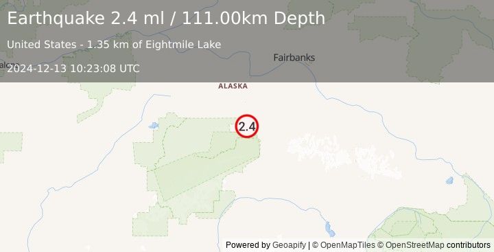 Earthquake 13 km WNW of Healy, Alaska (2.4 ml) (2024-12-13 10:23:08 UTC)