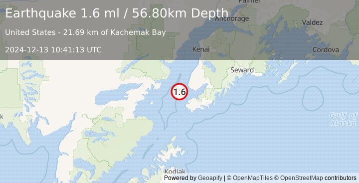 Earthquake 27 km SW of Anchor Point, Alaska (1.6 ml) (2024-12-13 10:41:13 UTC)