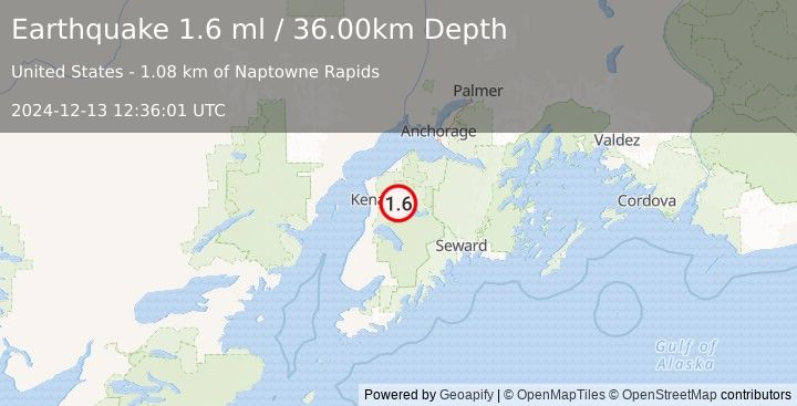 Earthquake 4 km ENE of Funny River, Alaska (1.6 ml) (2024-12-13 12:36:01 UTC)