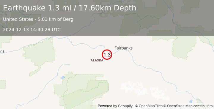 Earthquake 9 km ENE of Four Mile Road, Alaska (1.3 ml) (2024-12-13 14:40:28 UTC)