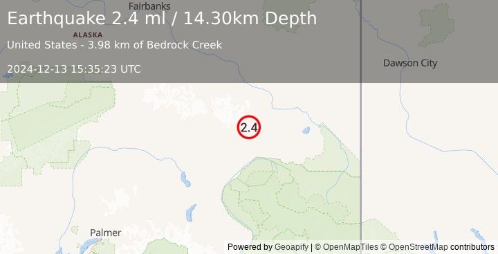 Earthquake 47 km WNW of Mentasta Lake, Alaska (2.4 ml) (2024-12-13 15:35:23 UTC)