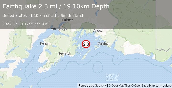 Earthquake 55 km SW of Tatitlek, Alaska (2.3 ml) (2024-12-13 17:39:33 UTC)