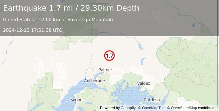 Earthquake 34 km N of Sutton-Alpine, Alaska (1.7 ml) (2024-12-13 17:51:38 UTC)