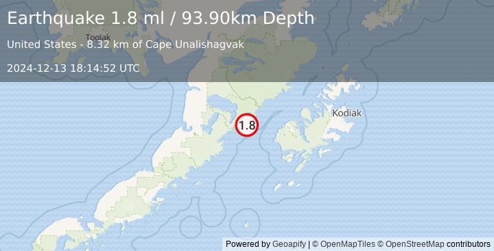 Earthquake 68 km W of Karluk, Alaska (1.8 ml) (2024-12-13 18:14:52 UTC)