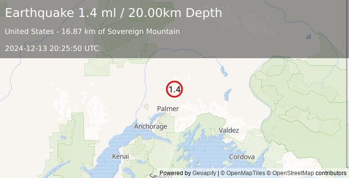 Earthquake 26 km N of Sutton-Alpine, Alaska (1.4 ml) (2024-12-13 20:25:50 UTC)