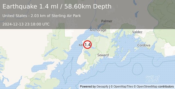 Earthquake 5 km NW of Sterling, Alaska (1.4 ml) (2024-12-13 23:18:00 UTC)