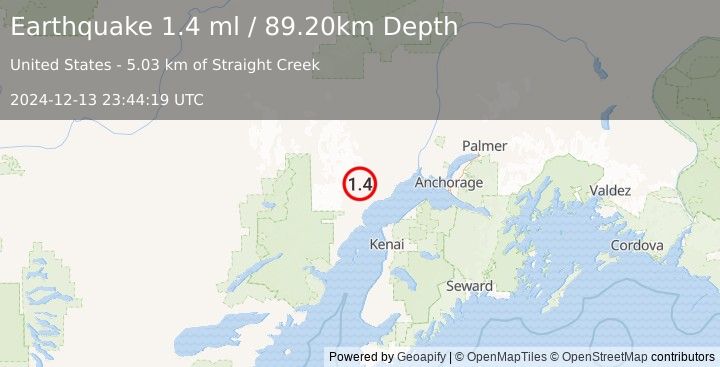 Earthquake 41 km WNW of Tyonek, Alaska (1.4 ml) (2024-12-13 23:44:19 UTC)