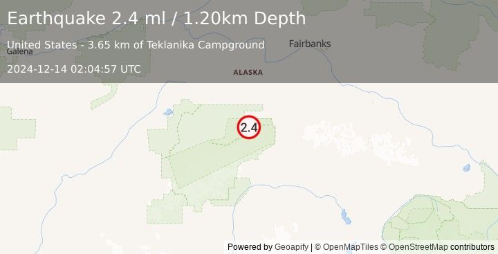 Earthquake 36 km W of Denali Park, Alaska (2.4 ml) (2024-12-14 02:04:57 UTC)