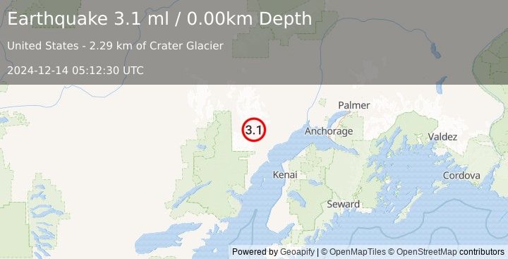 Earthquake 61 km WNW of Tyonek, Alaska (3.1 ml) (2024-12-14 05:12:30 UTC)