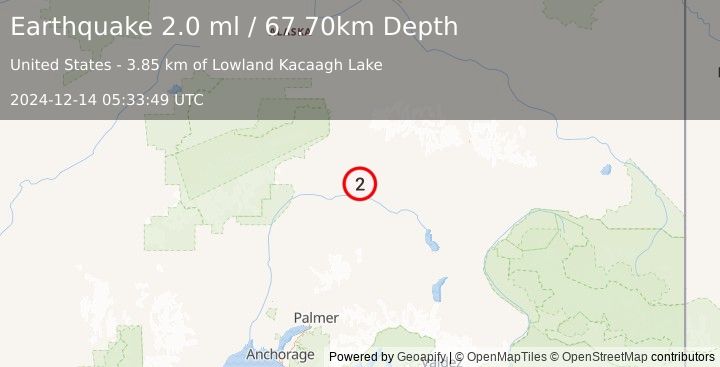 Earthquake 62 km SE of Cantwell, Alaska (2.0 ml) (2024-12-14 05:33:49 UTC)