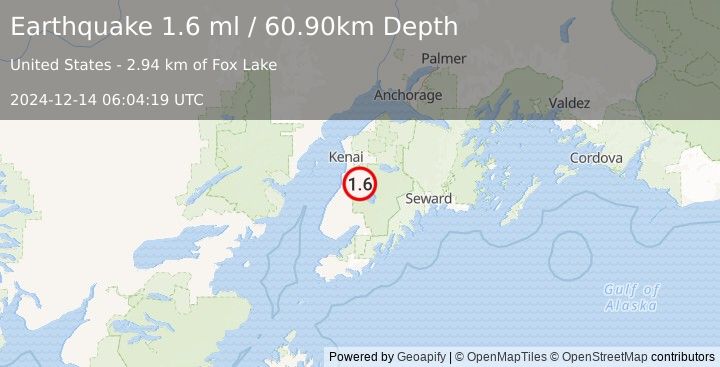 Earthquake 19 km ESE of Kasilof, Alaska (1.6 ml) (2024-12-14 06:04:19 UTC)