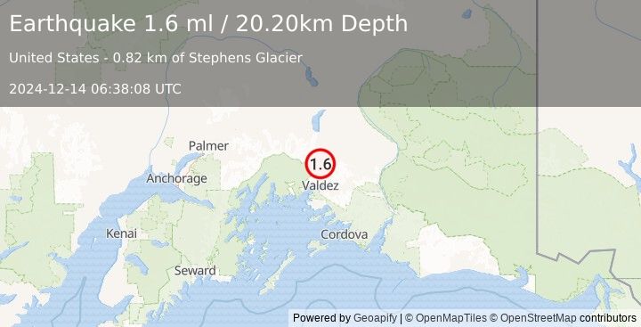 Earthquake 28 km N of Valdez, Alaska (1.6 ml) (2024-12-14 06:38:08 UTC)