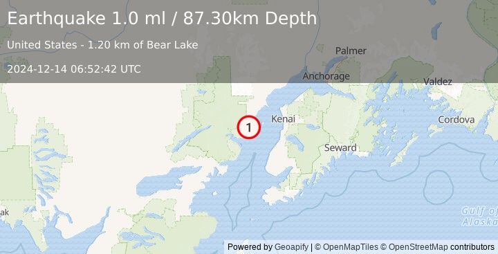 Earthquake 56 km NW of Ninilchik, Alaska (1.0 ml) (2024-12-14 06:52:42 UTC)