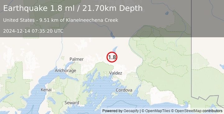 Earthquake 36 km SSE of Nelchina, Alaska (1.8 ml) (2024-12-14 07:35:20 UTC)