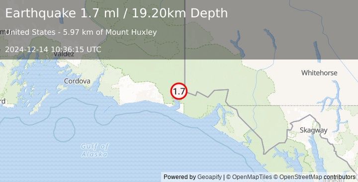 Earthquake 121 km NW of Yakutat, Alaska (1.7 ml) (2024-12-14 10:36:15 UTC)