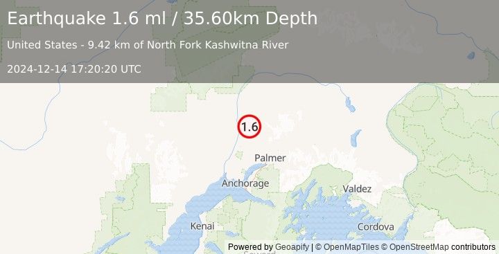 Earthquake 12 km SSE of Susitna North, Alaska (1.6 ml) (2024-12-14 17:20:20 UTC)