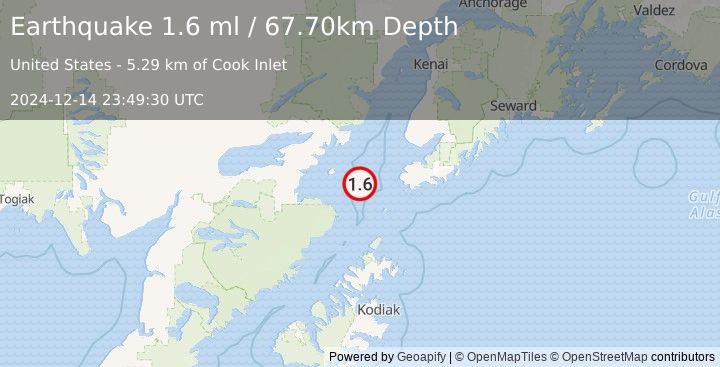 Earthquake 52 km WSW of Nanwalek, Alaska (1.6 ml) (2024-12-14 23:49:30 UTC)