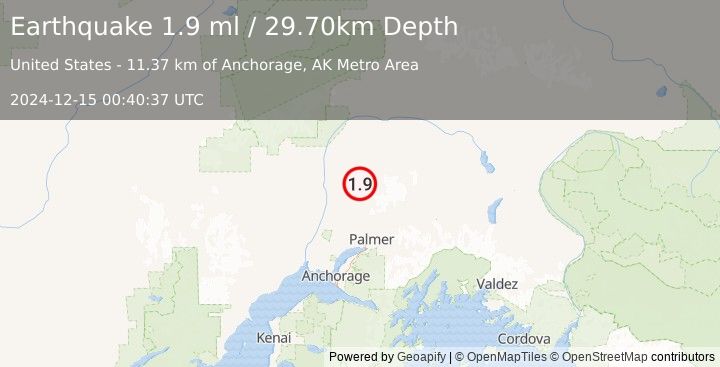 Earthquake 25 km E of Susitna North, Alaska (1.9 ml) (2024-12-15 00:40:37 UTC)