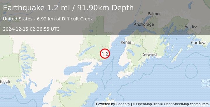 Earthquake 64 km WNW of Happy Valley, Alaska (1.2 ml) (2024-12-15 02:36:55 UTC)