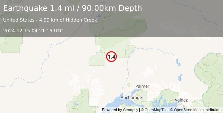 Earthquake 29 km WNW of Petersville, Alaska (1.4 ml) (2024-12-15 04:21:15 UTC)