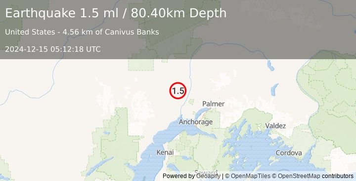 Earthquake 36 km WNW of Willow, Alaska (1.5 ml) (2024-12-15 05:12:18 UTC)