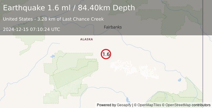 Earthquake 38 km ENE of Healy, Alaska (1.6 ml) (2024-12-15 07:10:24 UTC)